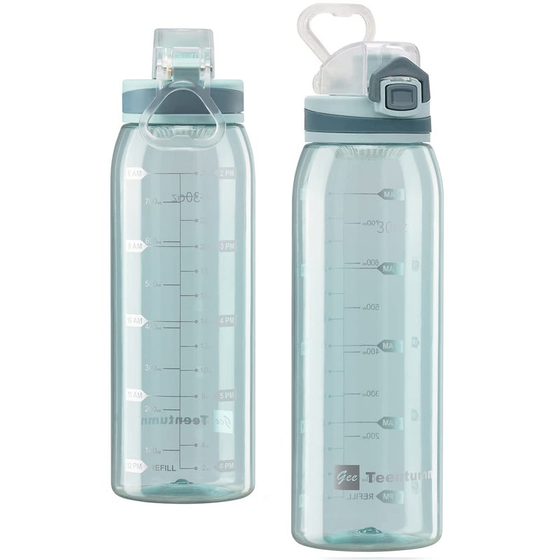 Teentumn 30oz Sport Water Bottle with Time Markers, Large Durable Gym Clear Plastic Bottle Tritan BPA Free for Fitness, Outdoor Enthusiasts, Leakproof Green (Pack of 1) - Image 1